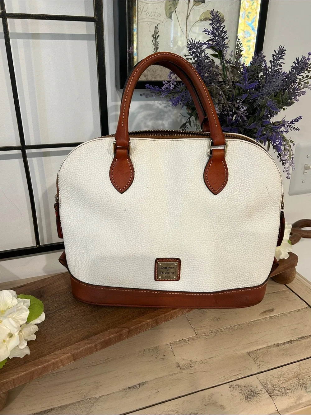 Dooney & Bourke White Pebble Leather Satchel with Brown Trim and Handles